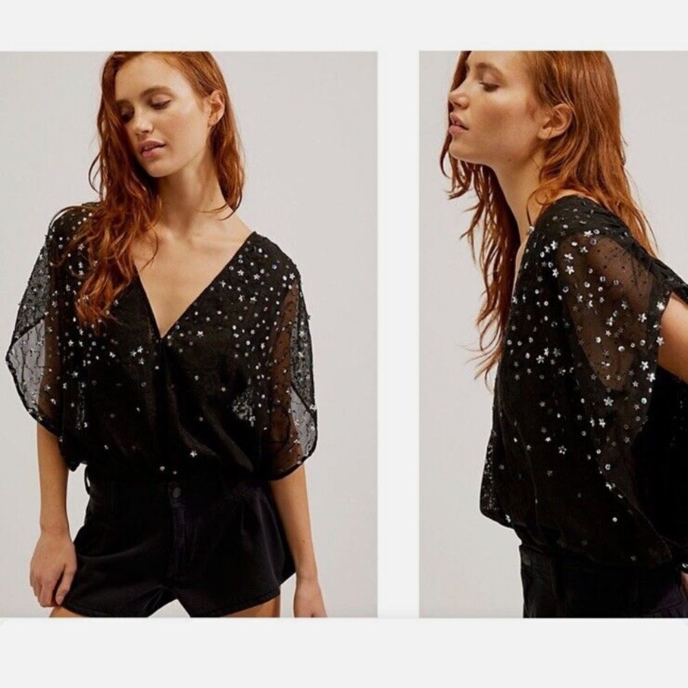 Free People Intimately Summer Shine Bodysuit Lace Sequins Black Large